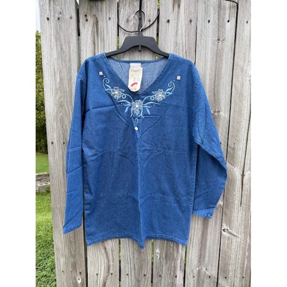 Vintage Denim Cottagecore Bobbie Brooks Tunic Top Medium Blue Embroidered Floral